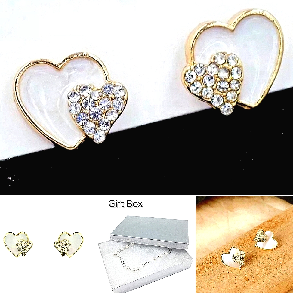 Gold Opalessant White Crystal Double Heart Earrings With Silver Stud